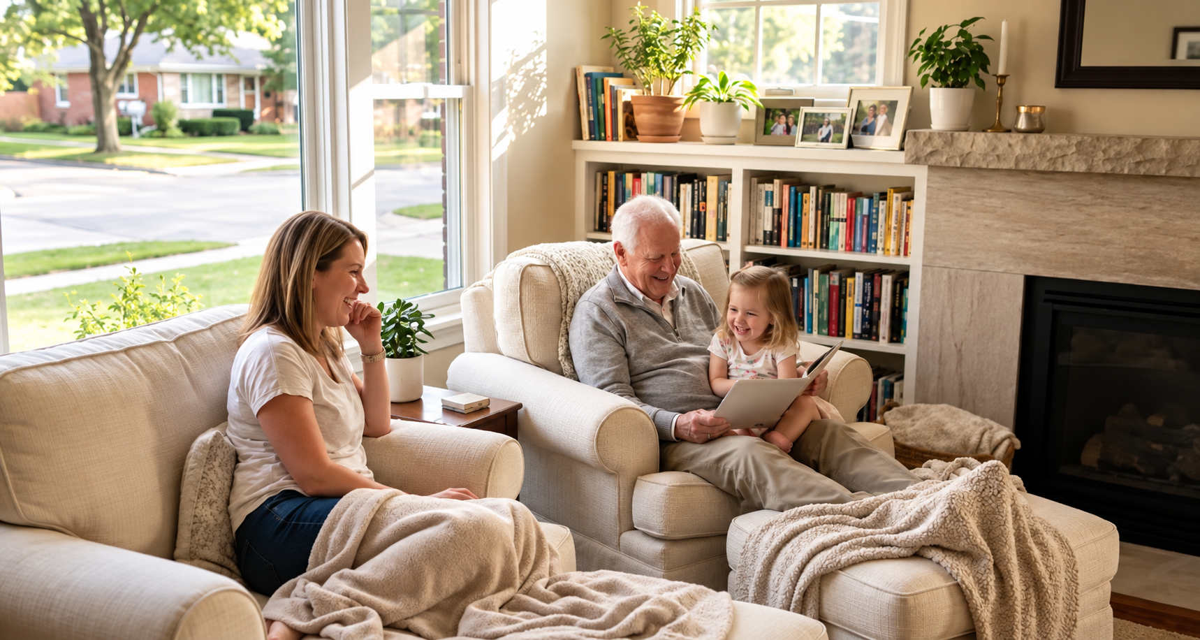 A grandfather, mother, and grandchild spending time together in a sunlit living room